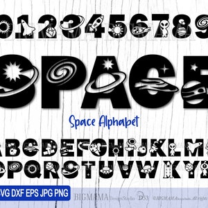 Alfabeto espacial SVG, números, letras, nave espacial, astronauta, sistema solar, pacote, aniversário, PNG, meninos, alienígena, fonte, Cricut, Cameo, download instantâneo_D53