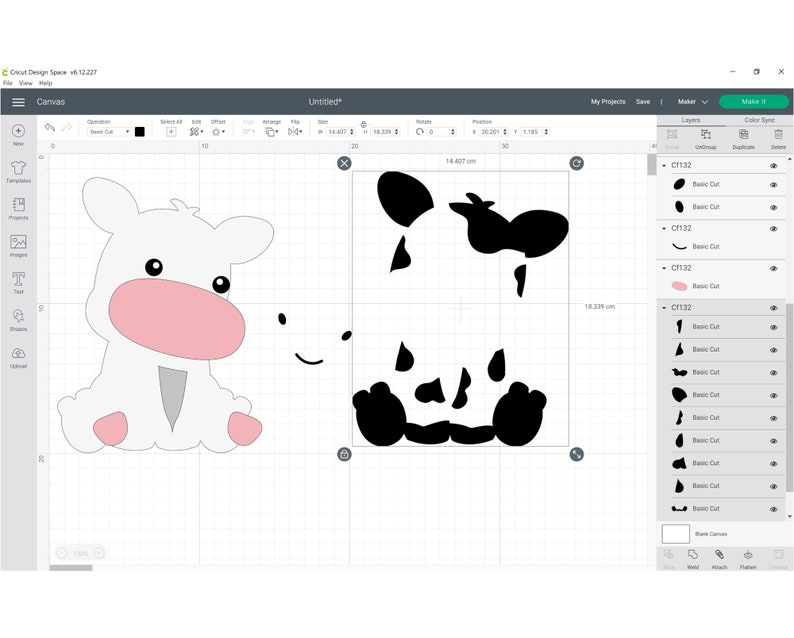 Puede incluir: Un dise&ntilde;o de vaca blanco y negro con la nariz rosa y los ojos negros. El dise&ntilde;o est&aacute; listo para ser cortado para un proyecto artesanal.