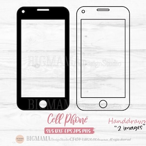 Può includere: Due illustrazioni di telefoni cellulari. Uno è un contorno nero pieno, l'altro è un contorno nero con un interno bianco. La parola "Cell Phone" è scritta in rosa sotto i telefoni. È presente anche il testo "Handdrawn" e "2 images".