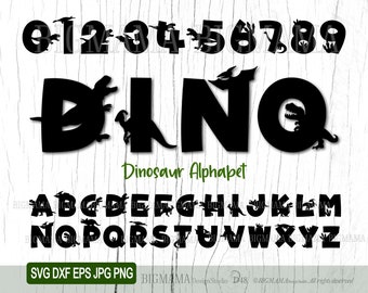 Dinosauriealfabetet SVG, siffror, bokstäver, monogram, Jurassic Park, paket, födelsedag, PNG, pojkar, barn, klippfil, typsnitt, Cricut, cameo, direktnedladdning_D48
