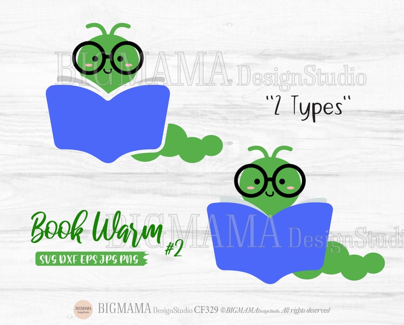 Puede incluir: Un gusano de libro verde con gafas leyendo un libro azul. El gusano de libro est&aacute; en dos poses diferentes. El texto "Book Warm #2" est&aacute; debajo de la imagen.