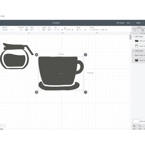 May include: A black and white silhouette of a coffee pot and a coffee cup. The coffee pot has a handle and a spout. The coffee cup has a handle and a saucer. The image is on a white background with a grid pattern.