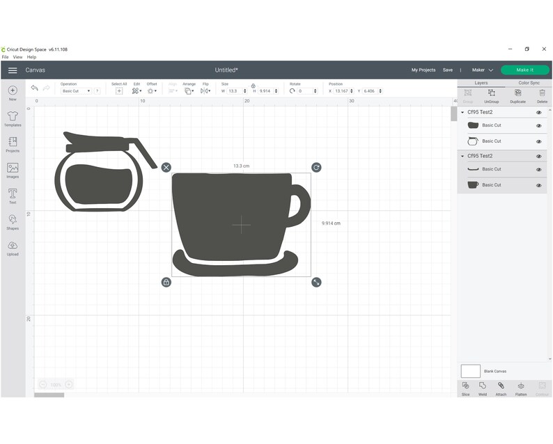 May include: A black and white silhouette of a coffee pot and a coffee cup. The coffee pot has a handle and a spout. The coffee cup has a handle and a saucer. The image is on a white background with a grid pattern.