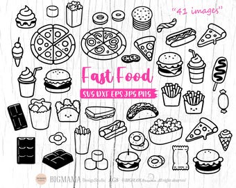 Fast Food SVG,Food Bundle Cut File,Burger,Pizza,Hot Dog,Popcorn,French Fries,junk food,Snack,Sweets,Outline,PNG,Instant download_AG8