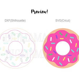 K&ouml;nnte beinhalten: Ein rosafarbener Donut mit wei&szlig;em Zuckerguss und bunten Streuseln. Der Donut ist schwarz umrandet und hat ein Loch in der Mitte. Das Bild ist eine Vorschau auf einen digitalen Download f&uuml;r ein Bastelprojekt.
