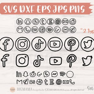 Iconos de redes sociales (SVG), dibujados a mano, garabatos, paquete, red social, icono, DXF, PNG, contorno, clipart, corte, descarga instantánea_CF244