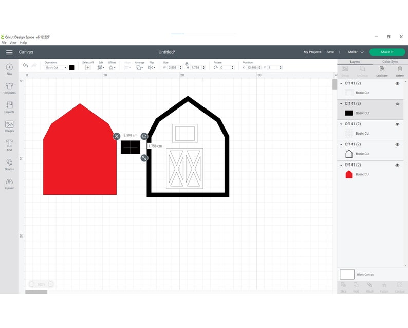 May include: A red barn with a black door and window. The barn is 3.508 cm wide and 1.758 cm tall. The image is a digital design for a craft project.