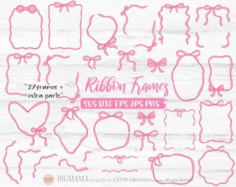 Może przedstawiać: Różowe ramki i kokardy z wstążek w różnych kształtach. Obraz zawiera tekst "Ribbon Frames" i "27 frames + extra parts". Dostępne w formatach SVG, DXF, EPS, JPG i PNG.