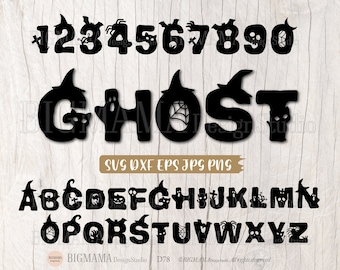 May include: Black Halloween-themed alphabet and numbers, including the word "GHOST", with spooky illustrations. The numbers and letters are decorated with bats, spiders, and other Halloween icons. The image also includes the text "SVG DXF EPS JPG PNG".