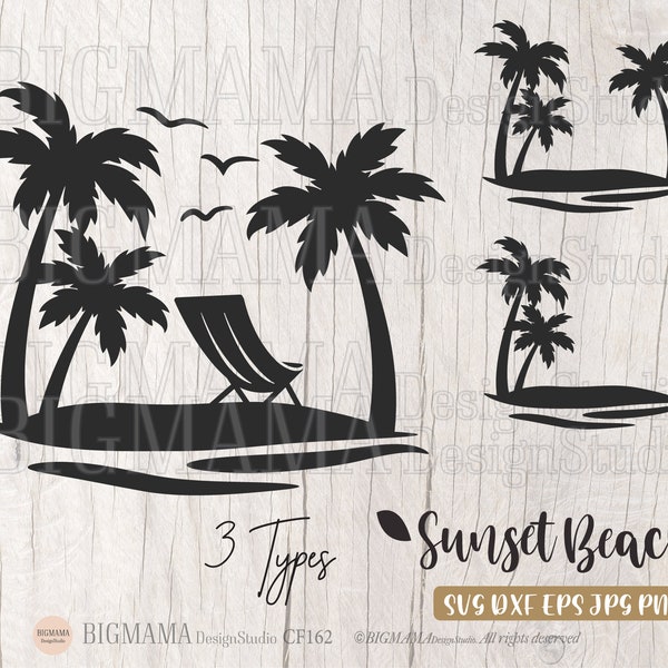 Sunset Beach SVG, Tropical, DXF, Urlaub, Strandleben, Sommer, Palme, Insel, Stuhl, Relax, Cut File, Vinyl, Cricut, Silhouette, PNG, Instant download_KF162