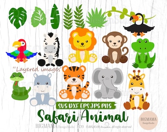 Safari Animals SVG,Cut File,Bundle,Layered,Giraffe,Tropical Leaves,Safari Svg,Jungle,Cute,Leaf,Lion,Clipart,Silhouette,Instant download_BD3