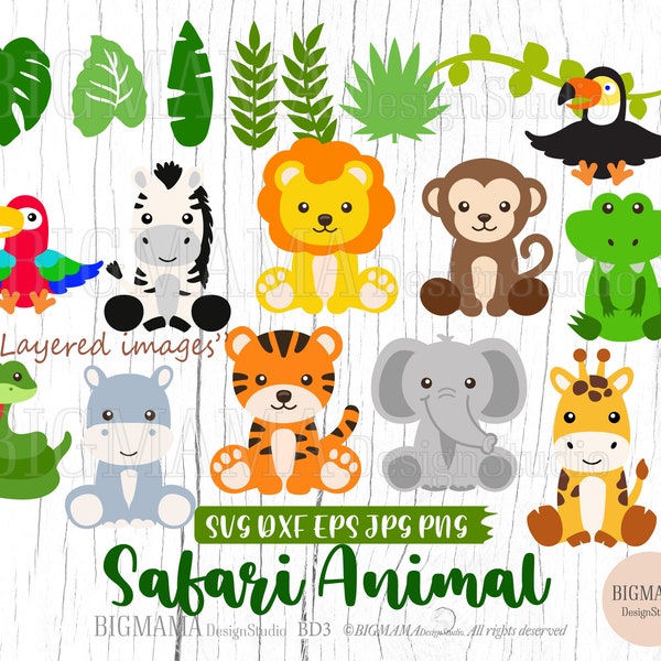 Animaux de safari SVG, fichier de coupe, lot, superposition, girafe, feuilles tropicales, safari Svg, jungle, mignon, feuille, lion, clipart, silhouette, téléchargement immédiat_BD3