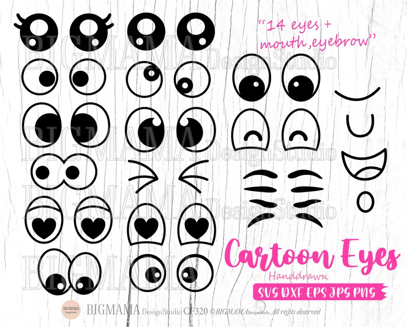May include: A set of 14 black and white cartoon eyes, mouths, and eyebrows. The text "14 eyes + mouth, eyebrow" is at the top of the image. The text "Cartoon Eyes" is at the bottom of the image. The text "Handdrawn" is below "Cartoon Eyes". The text "SVG DXF EPS JPG PNG" is below "Handdrawn".
