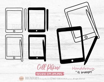 Może przedstawiać: Cztery czarno-białe ilustracje telefonów komórkowych ze stylusesami, narysowane ręcznie. Tekst "Cell Phone" i "Handdrawn "4 images" znajduje się pod obrazkami.