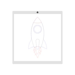 May include: A blue and red line drawing of a rocket ship with a round window and flames coming out of the bottom.