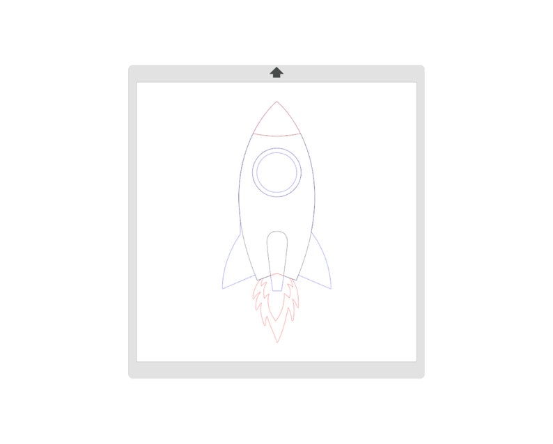 May include: A blue and red line drawing of a rocket ship with a round window and flames coming out of the bottom.