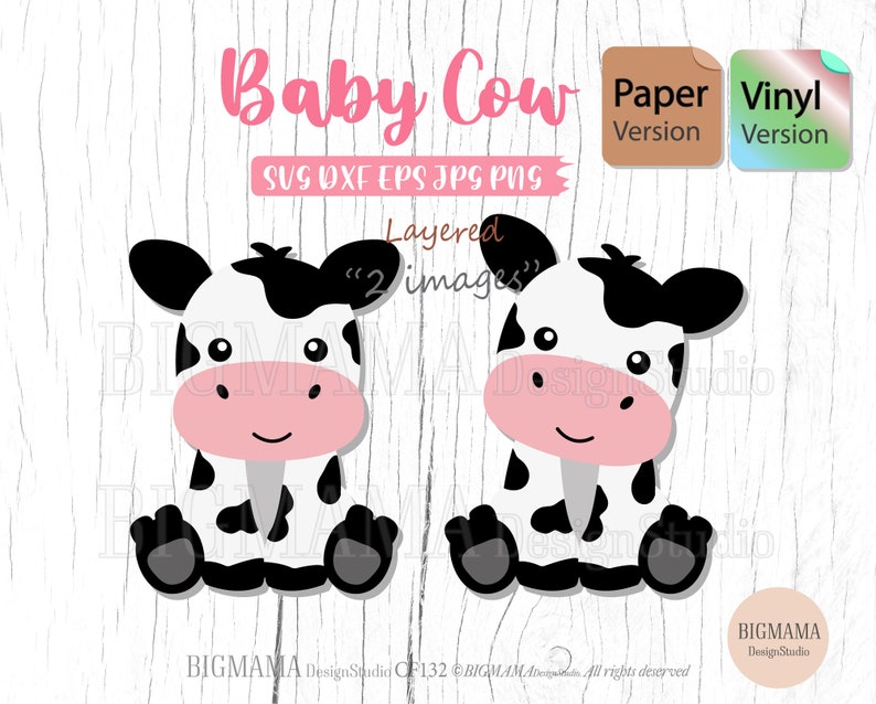 Puede incluir: Una imagen digital de clipart de una vaca beb&eacute; negra y blanca con orejas y nariz rosas. La vaca est&aacute; sentada con las piernas cruzadas y tiene una expresi&oacute;n amigable. La imagen est&aacute; en capas e incluye dos versiones: una versi&oacute;n de papel y una versi&oacute;n de vinilo.