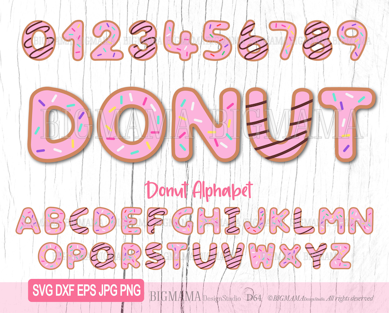 May include: Donut alphabet clipart with pink and brown donut letters and numbers. The letters spell out "DONUT" and the numbers are 0 through 9. The letters and numbers are decorated with sprinkles and chocolate frosting.