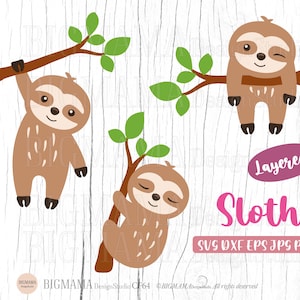 May include: A digital illustration featuring three cartoon sloths on branches with green leaves. The sloths are brown with white markings. The word "Sloth" is in pink script, with file type options below.