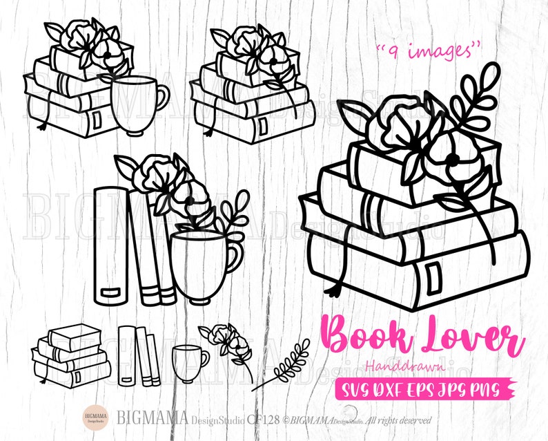 May include: Nine black and white illustrations of stacks of books with flowers and a coffee cup. The text "Book Lover" and "Handdrawn" are included in the image. The text "SVG DXF EPS JPG PNG" is also included in the image.