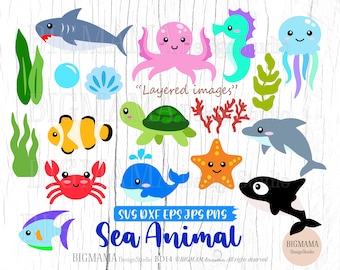 Sea Animals SVG,Cut File Bundle,Starfish,Octopus,Jellyfish,Dolphin,Turtle,Birthday,Cute,Clam,Shell,Cricut,Silhouette,Instant download_BD14