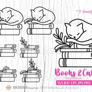 Amateur de livres svg, Chat de livre, Chat endormi, Livres svg, contour, Lecture, bundle svg, DXF, Bibliothécaire, Fichier coupé, Cricut, Silhouette, Téléchargement instantané_CF257