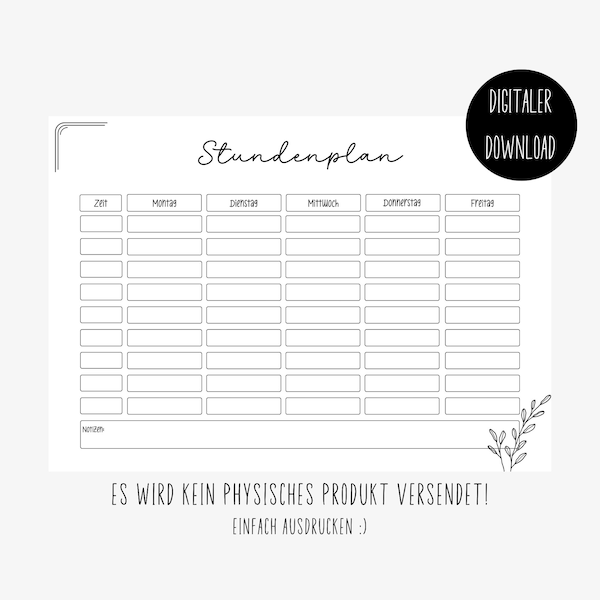 Stundenplan digitaler download, Schule, Uni, Schulzeitplaner, Printable, Stundenplan zum ausdrucken, Minimalistischer Stundenplan, PDF