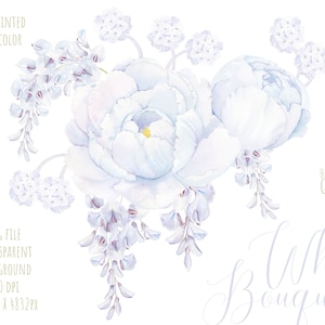 Aquarel bloem clipart, wit pioenenboeket, bloemstukken. Bruiloft Clipart. Uitnodiging. Blauweregen bloeit. Gratis commercieel gebruik, png