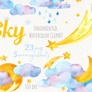 Aquarell Himmel Clipart. Himmelsbauer Kinderzimmer Kit. Wolke, Stern, Komet, Mond, Schneeflocke. Kommerzielle Nutzung. Sofort Download. Druckbare png.