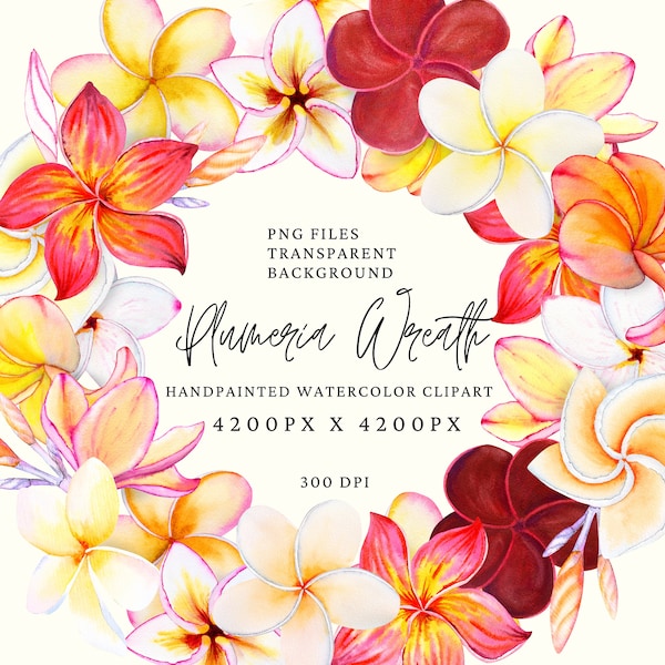 Watercolor floral wreath, tropical clipart, handpainted flowers. Plumeria Wreath. Frangipani wedding. Commercial use. Instant Download. Png.