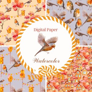 Akwarela wiosenny papier cyfrowy, 4 bezszwowe wzory. Różowa wioska, ptaki (robiny) i domki dla ptaków. Wzory papieru cyfrowego.