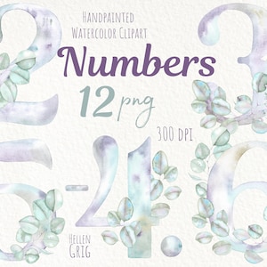 Clipart de números em aquarela, clipart floral de número pintado à mão. Arquivos PNG individuais. Download instantâneo, alta resolução. Uso comercial.