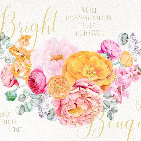 Watercolor flower clipart, pink peony bouquet, floral arrangements. Wedding Clipart. Orange pink purple flowers. Free commercial use, png