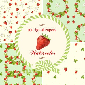 Aquarelle papier numérique fraise, 10 motifs transparents.  Baies d’été lumineuses peintes à la main.  Téléchargement instantané.