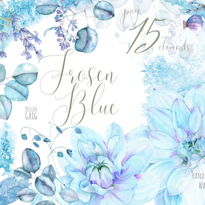 Aquarell florale Clipart, blaue Dahlie, Lavendel, Eukalyptus.  15 einzelne Elemente. Boho Hochzeitseinladung.  Kostenlose kommerzielle Nutzung, png