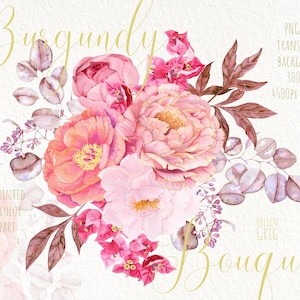 Aquarel bloem clipart, roze pioenenboeket, bloemstukken. Bruiloft Clipart. Bordeaux, roze paarse bloemen. Gratis commercieel gebruik, png
