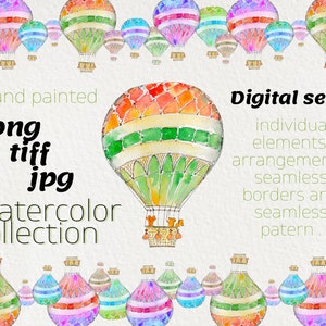 Hot air balloon hand painted watercolor clipart, nursery clip art. Digital paper. Commercial use. Instant Download. Printable png files.