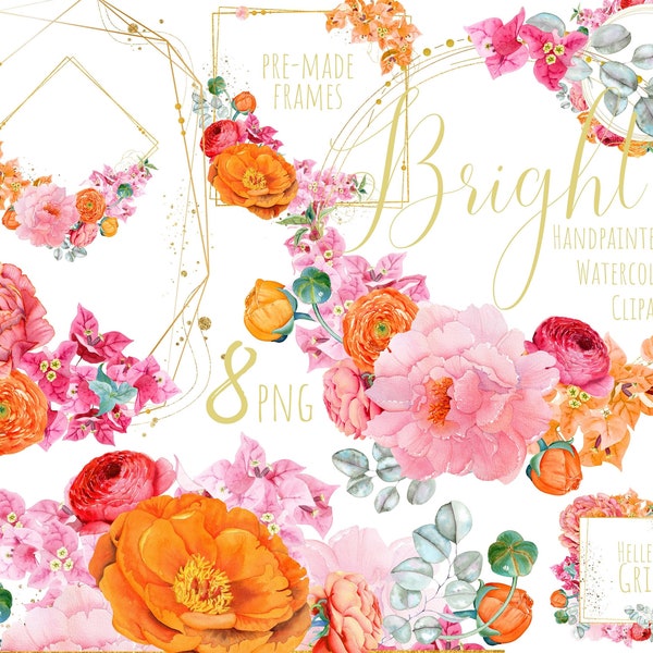 Bright floral frames. Watercolor vivid summer peonies gold frames. Orange pink purple flowers, wedding invitation, png. Commercial use.