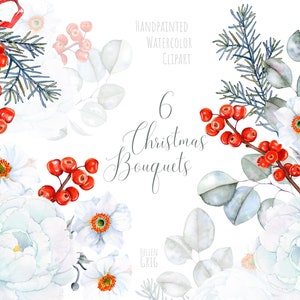 Clipart floral aquarela, buquês de peônia branca, arranjos de flores. Clipart de casamento de inverno. Buquês de Natal. Winterberry, eucalipto. png
