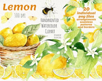 Watercolor lemon clipart, handpainted bright summer fruit. Png files, digital papers, seamless borders for kitchen decor. Instant Download.