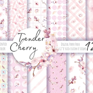 Aquarell sakura digitales Papier, 12 nahtlose Muster. Handbemalte Kirschpackung.  Frühlingshintergrund. Sofortiger Download. Kommerzielle Nutzung.