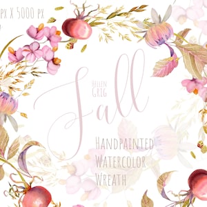 Watercolor Fall Wreath. Watercolor pink clipart, handpainted purple autumn floral frame. Boho herbs. Commercial use. Instant Download. Png.