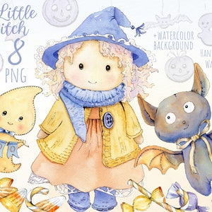 Clipart de Halloween em aquarela. Boneca bruxa, brinquedos, morcego, doces. Menino, menina, crianças fofas. Elementos individuais de queda pintados à mão, cartões. arquivo png.