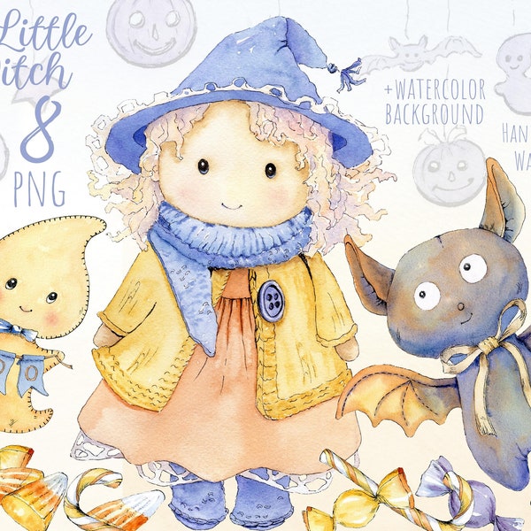 Watercolor halloween clipart. Witch doll, toys, bat, candy. Baby Boy, Girl Cute Kids. Handpainted fall individual elements, cards. png file.