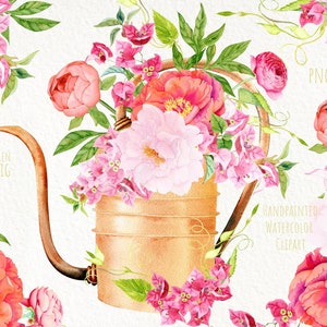 Aquarell Gießkannen. Aquarell Blumen Clipart, rosa Pfingsträuße, Blumenarrangements. Hochzeit Clipart. Kostenlose kommerzielle Nutzung, png