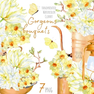 Clipart de ramos de primavera de acuarela. Flores amarillas pintadas a mano en jarras viejas. Jardín retro. PNG individual. Uso comercial. Descarga instantánea.