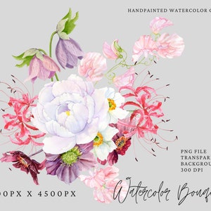 Aquarel bloem clipart, roze pioenenboeket, bloemstukken. Bruiloft Clipart. Roze paarse bloemen, zoete erwt Gratis commercieel gebruik, png