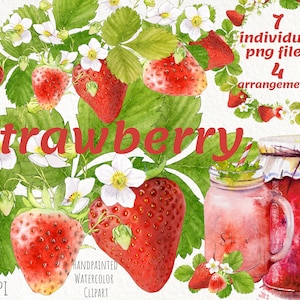 Clipart aux fraises à l’aquarelle, fruits d’été lumineux peints à la main, smoothie, confiture et baies décor de cuisine.  Téléchargement instantané. png numérique