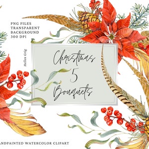 Clipart floral aquarela, buquês de inverno, arranjos de flores. Clipart de casamento de inverno. Buquês de Natal. Winterberry, eucalipto. png