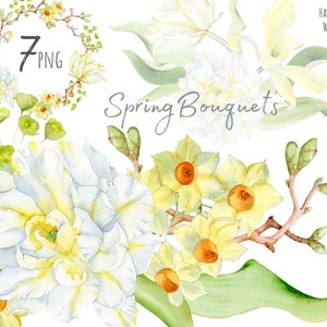 Ramos de acuarela de boda. Clipart pintado a mano. Tulipanes amarillos. Clip art floral de primavera. Invitaciones. Uso comercial. Descarga instantánea.